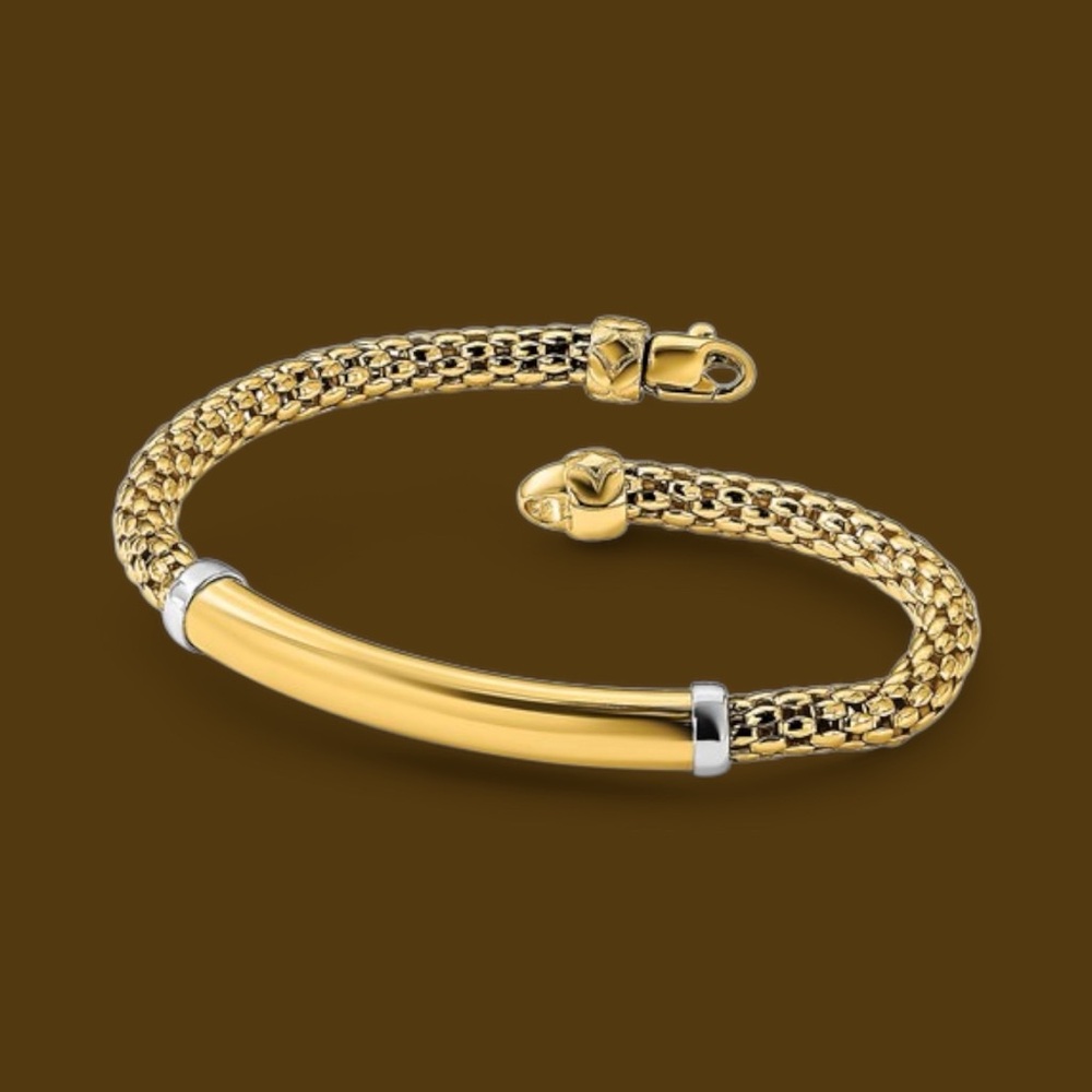 14K Two-tone Polished Popcorn Mesh Bar 7.5 inch Bracelet - Picture 4 of 10